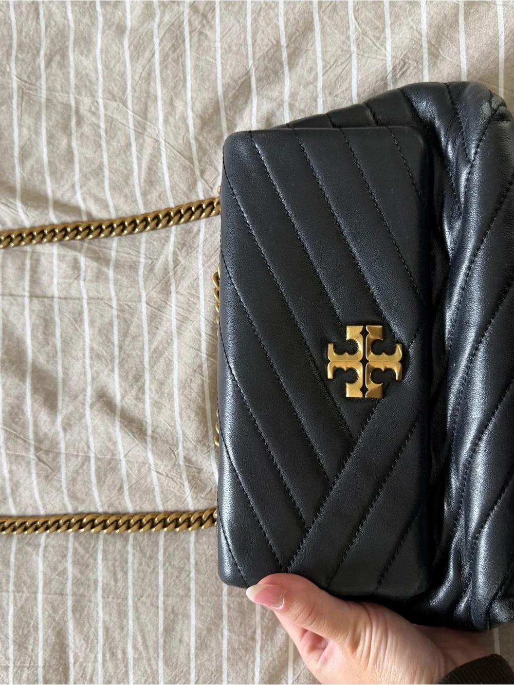 Tory Burch Black Quilted Leather Chain Shoulder Bag with Gold Hardware